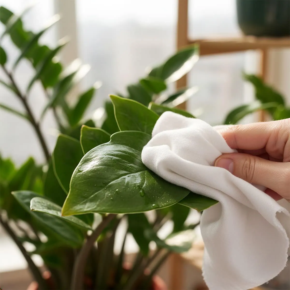 A close-up of a person's hand wiping a glossy ZZ plant leaf with a damp cloth to check for bugs on zz plant.