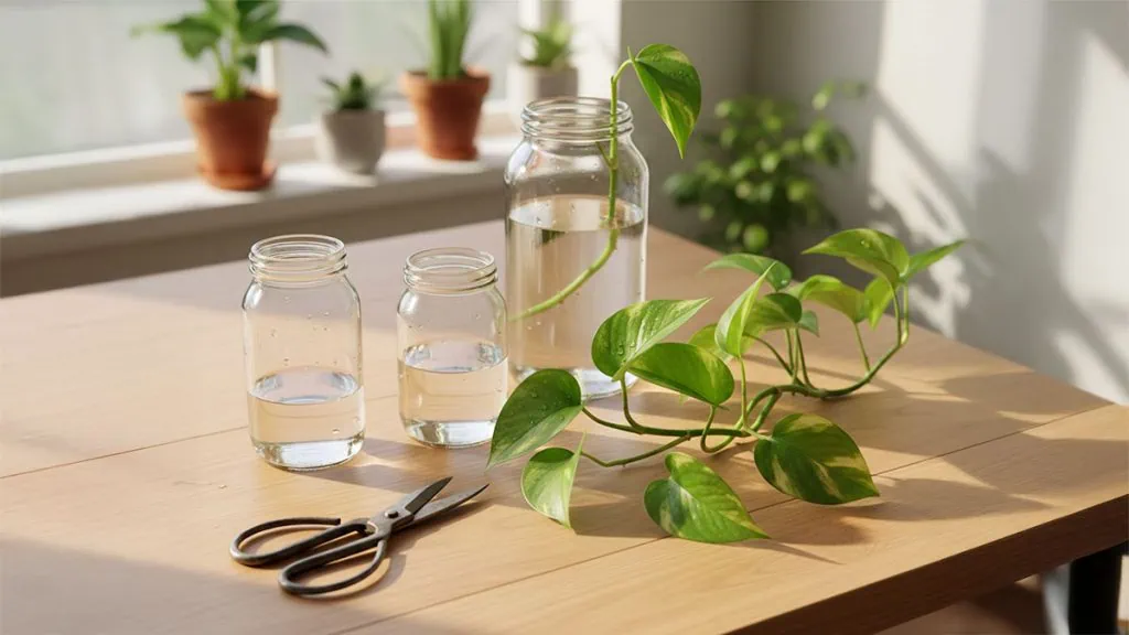 Workspace with scissors, water jars, and cuttings showing how to propagate pothos.