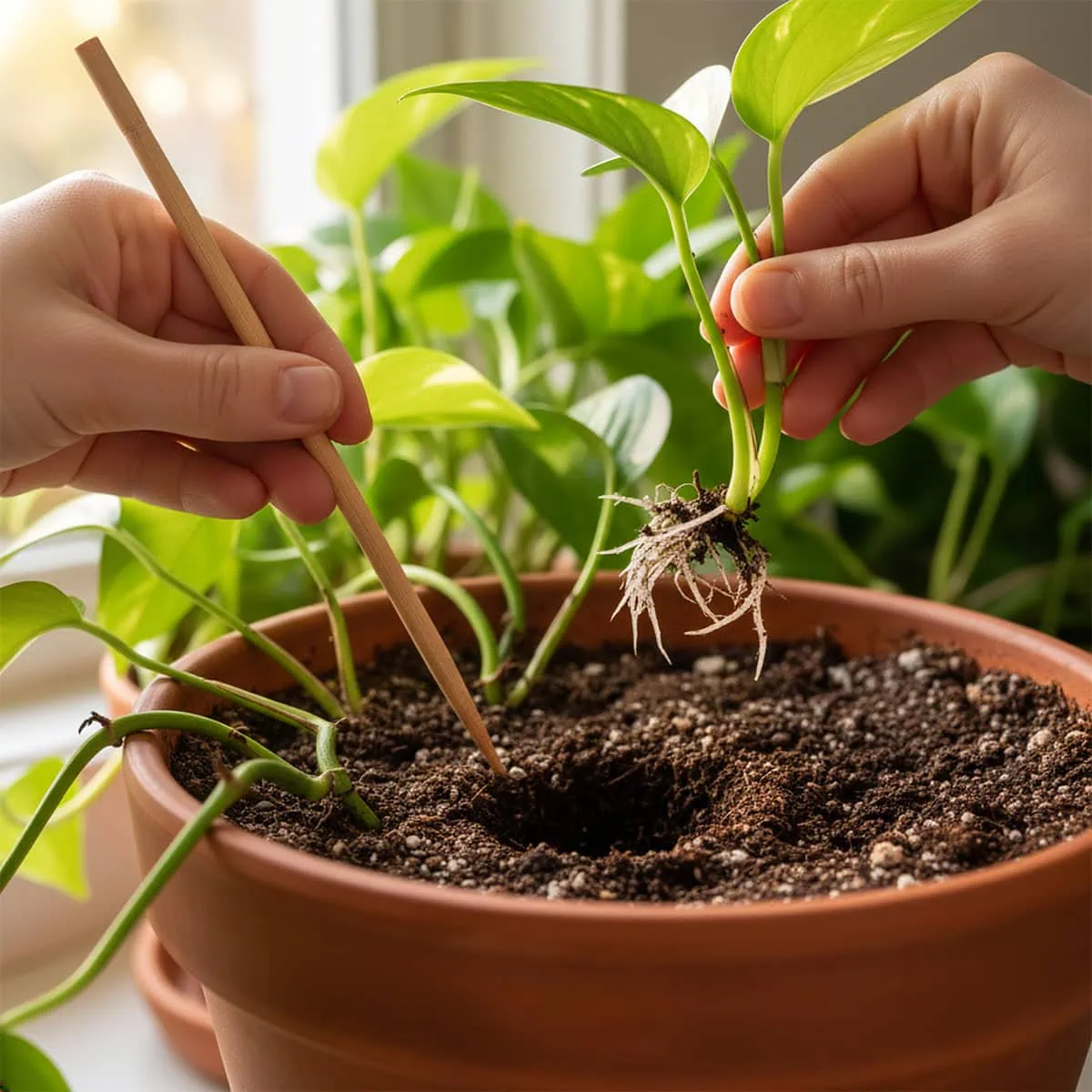 Planting rooted cuttings back into the pot to make pothos fuller instantly.