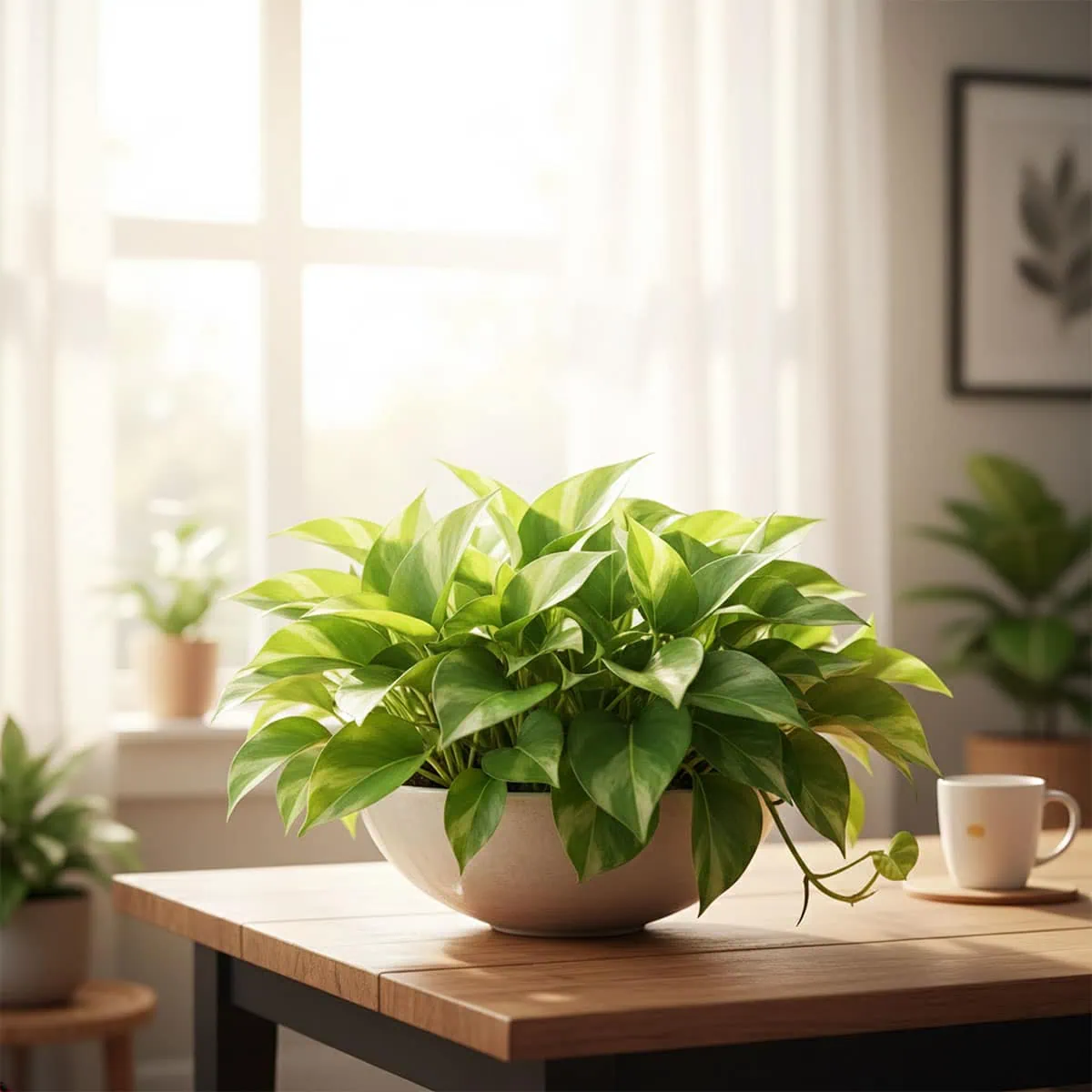 A healthy, bushy pothos plant situated on a table receiving bright, indirect light from a window, emphasizing ideal pothos light requirements for dense growth.