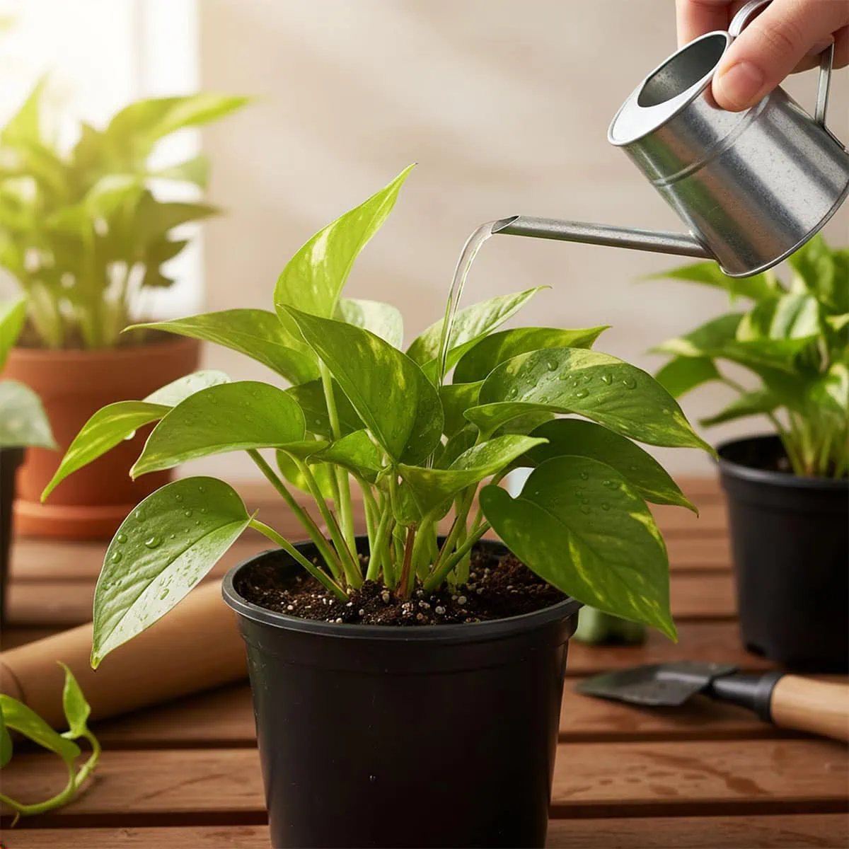 Watering the plant in its old pot before moving it, a key step to prevent pothos transplant shock.