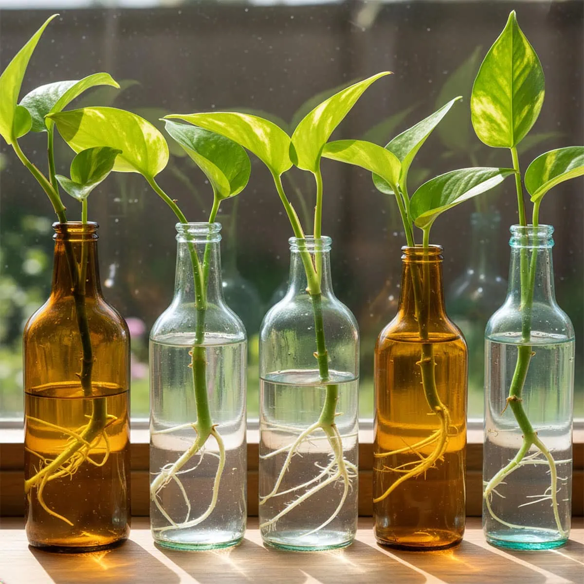Glass bottles on a shelf with vines rooting, demonstrating propagating pothos in water.
