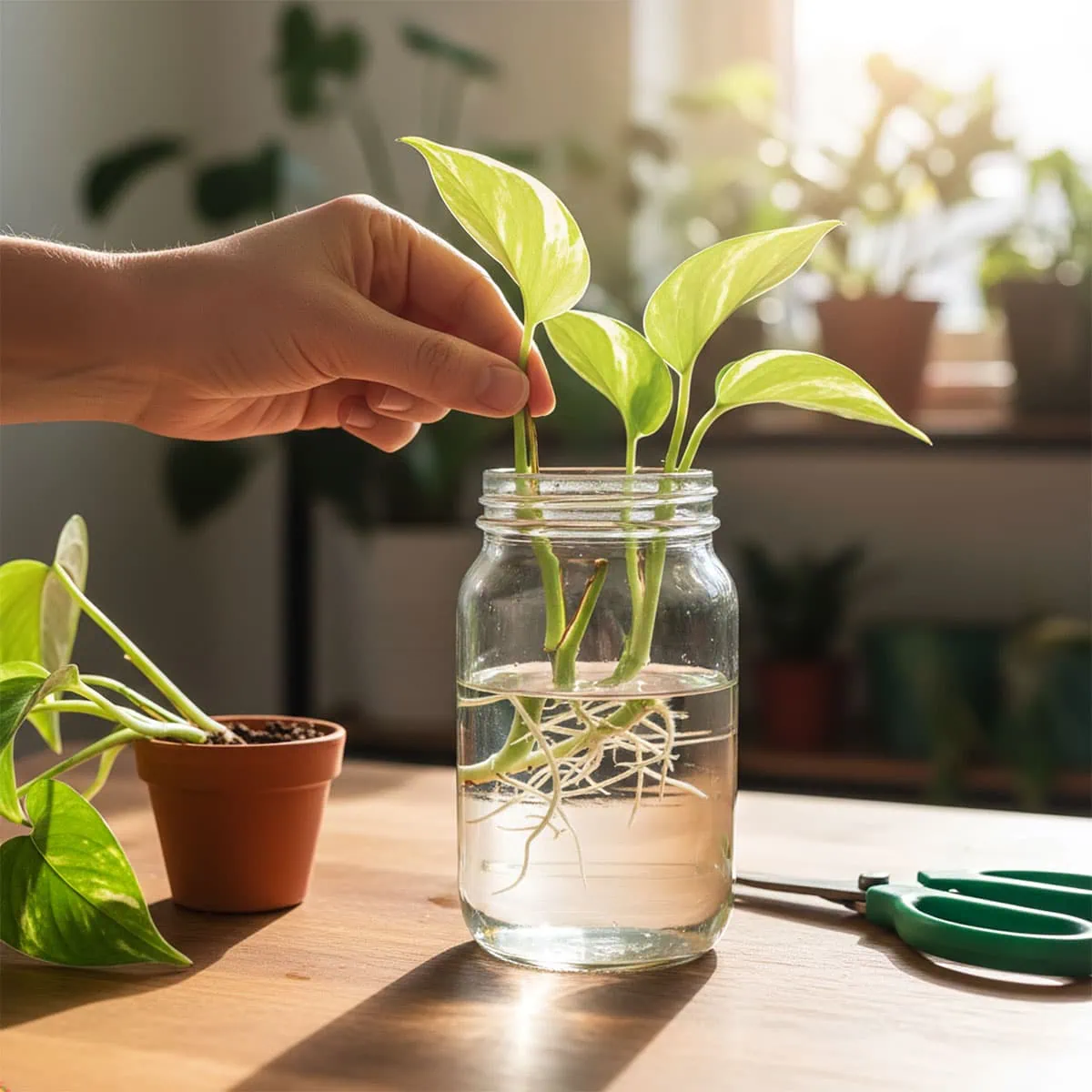 Pothos cuttings rooting in a glass of water, illustrating the simplicity of propagating pothos for new plants.