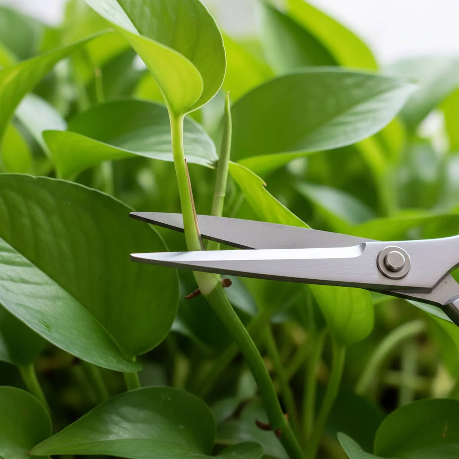 Scissors cutting the tip of a vine, demonstrating the technique of pruning leggy pothos to force side growth.