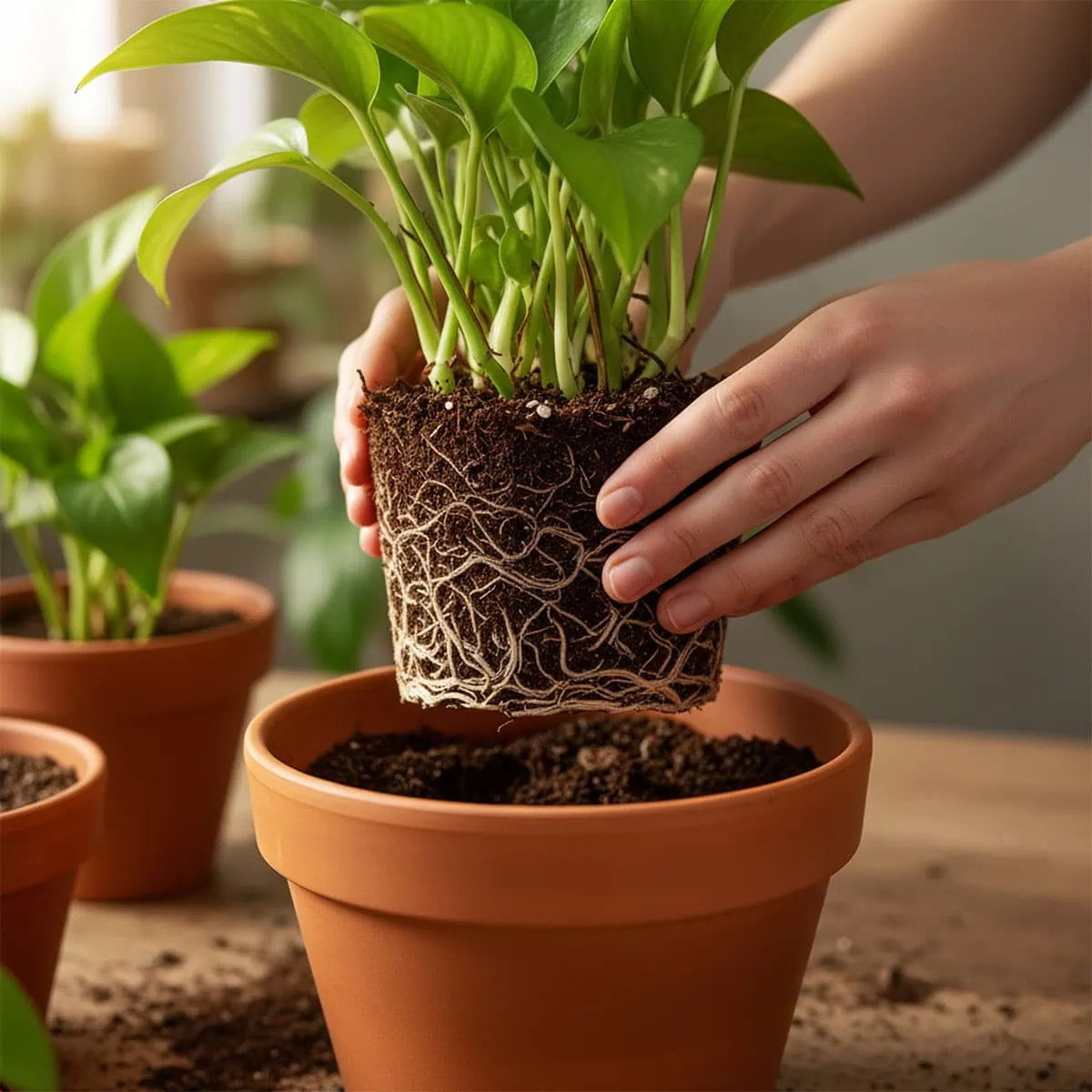 Pulling a plant out of the pot to check for root bound issues causing a leggy pothos.