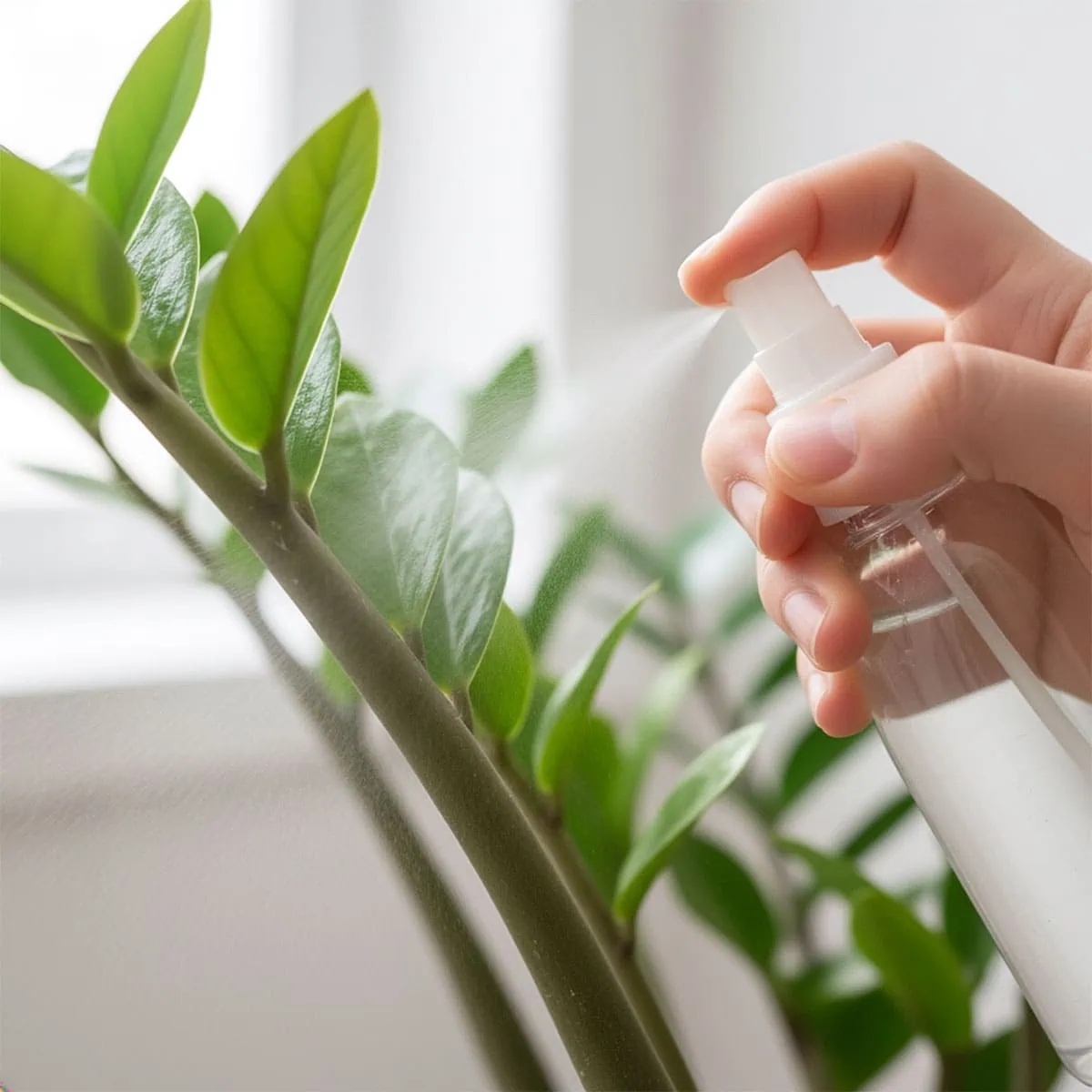 A person spraying a ZZ plant with neem oil, showing how to get rid of pests on zz plant.