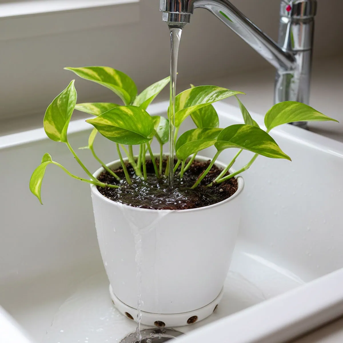 A plant placed in a sink with water flowing through it, demonstrating the best technique for watering pothos.