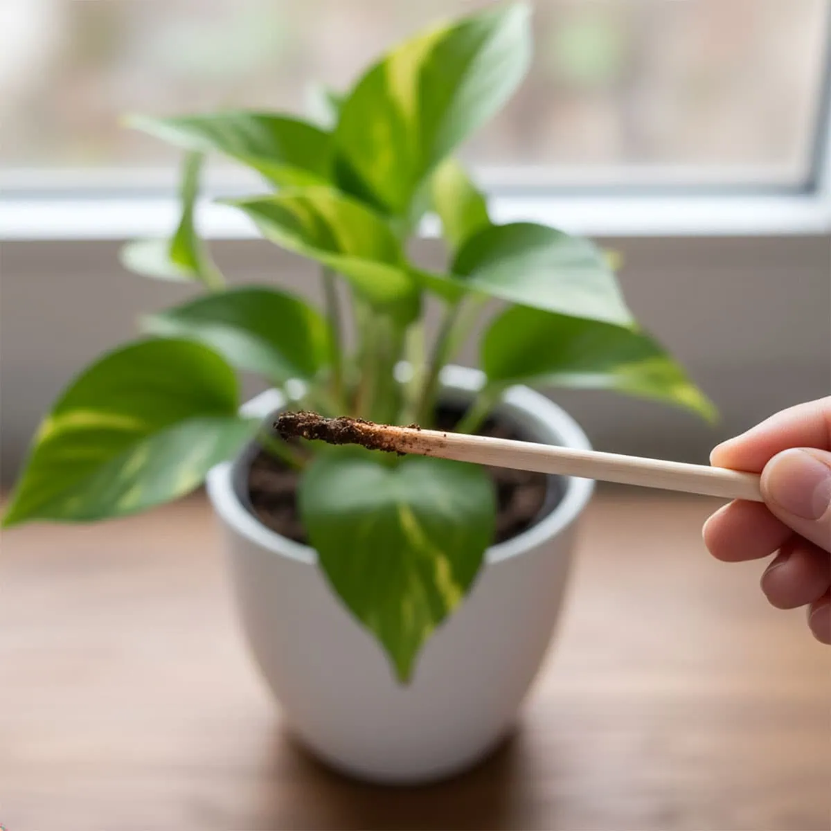 A wooden chopstick pulled from soil showing dampness, a trick to know when to water pothos.
