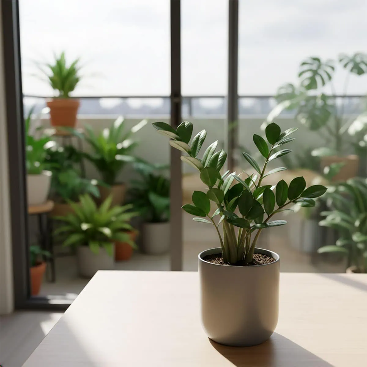 A photo of a single new plant sitting alone in a separate room, demonstrating the quarantine step for zz plant pest prevention.