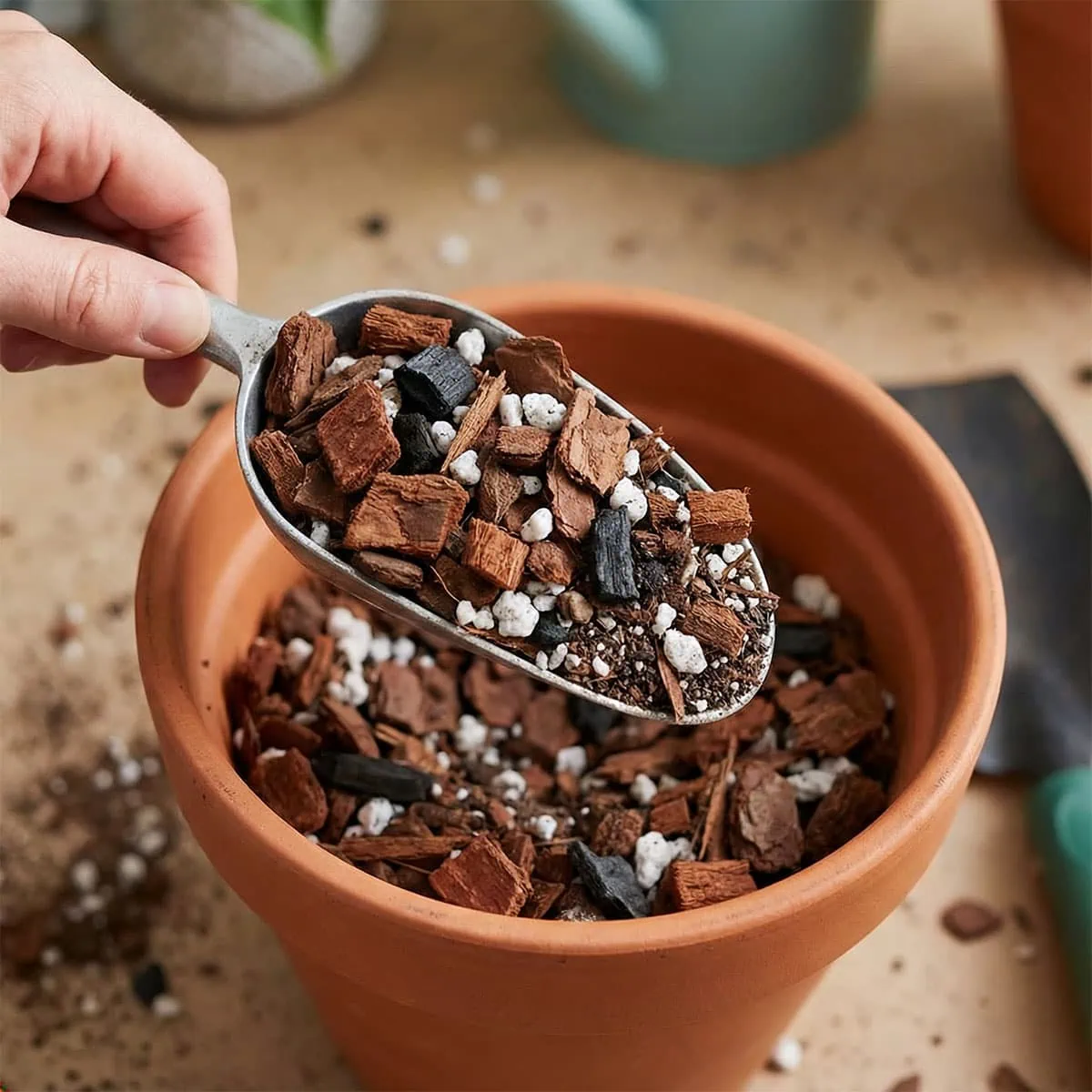A close-up photograph showing a hand holding a metal scoop filled with a chunky, airy soil mix containing orchid bark, charcoal, and perlite, essential for split leaf philodendron care.