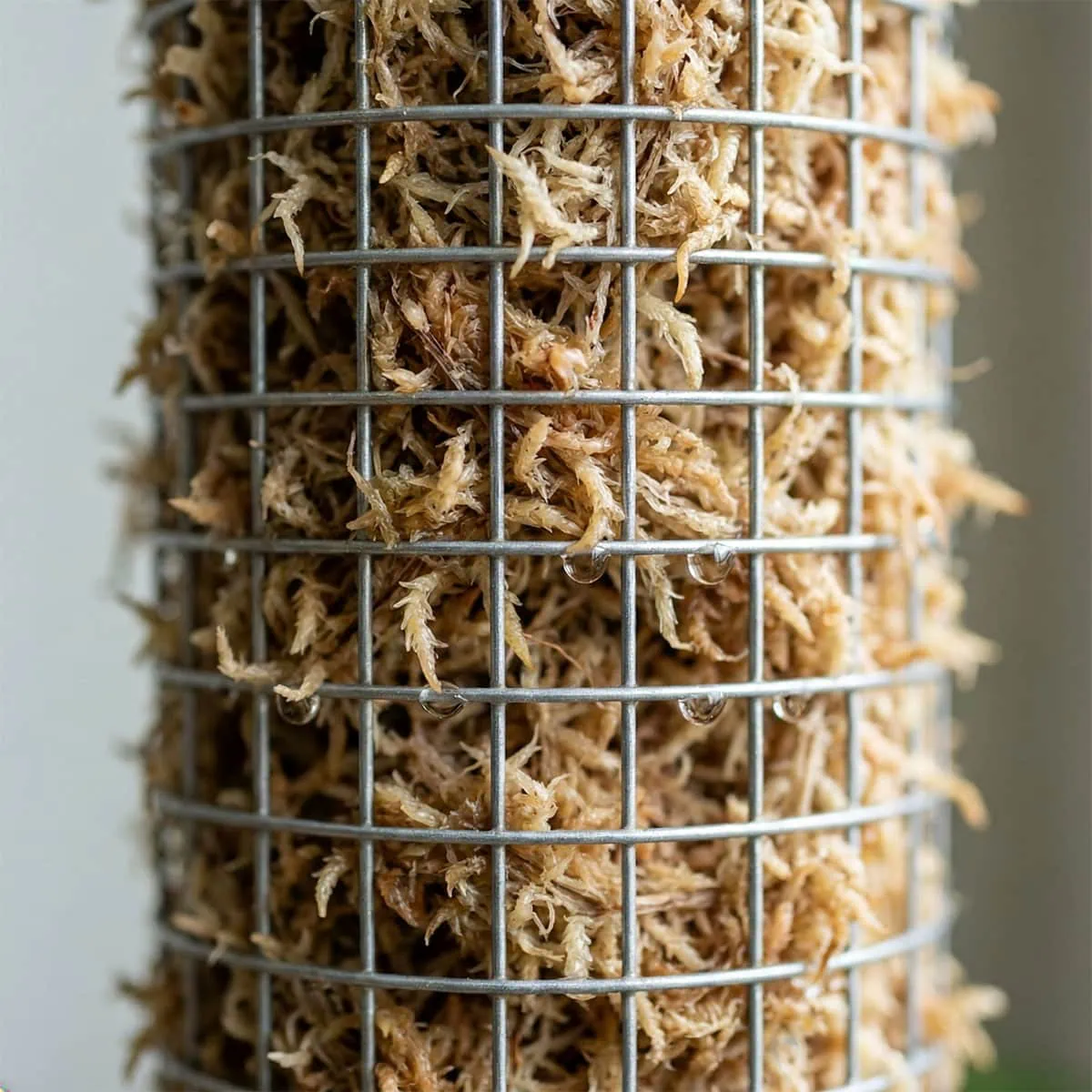 Extreme close-up showing moist sphagnum moss packed inside a wire mesh cylinder, representing the ideal moss pole for Monstera aerial roots.