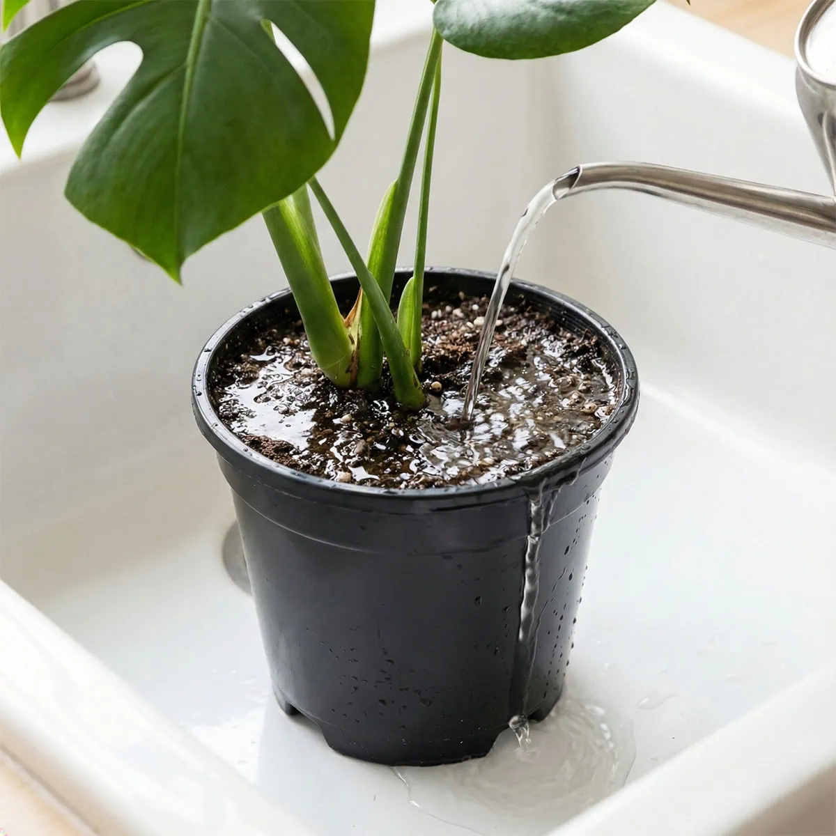 A watering can pours water onto the soil of a potted Monstera deliciosa placed in a sink, illustrating the "drench" step of watering Monstera deliciosa.
