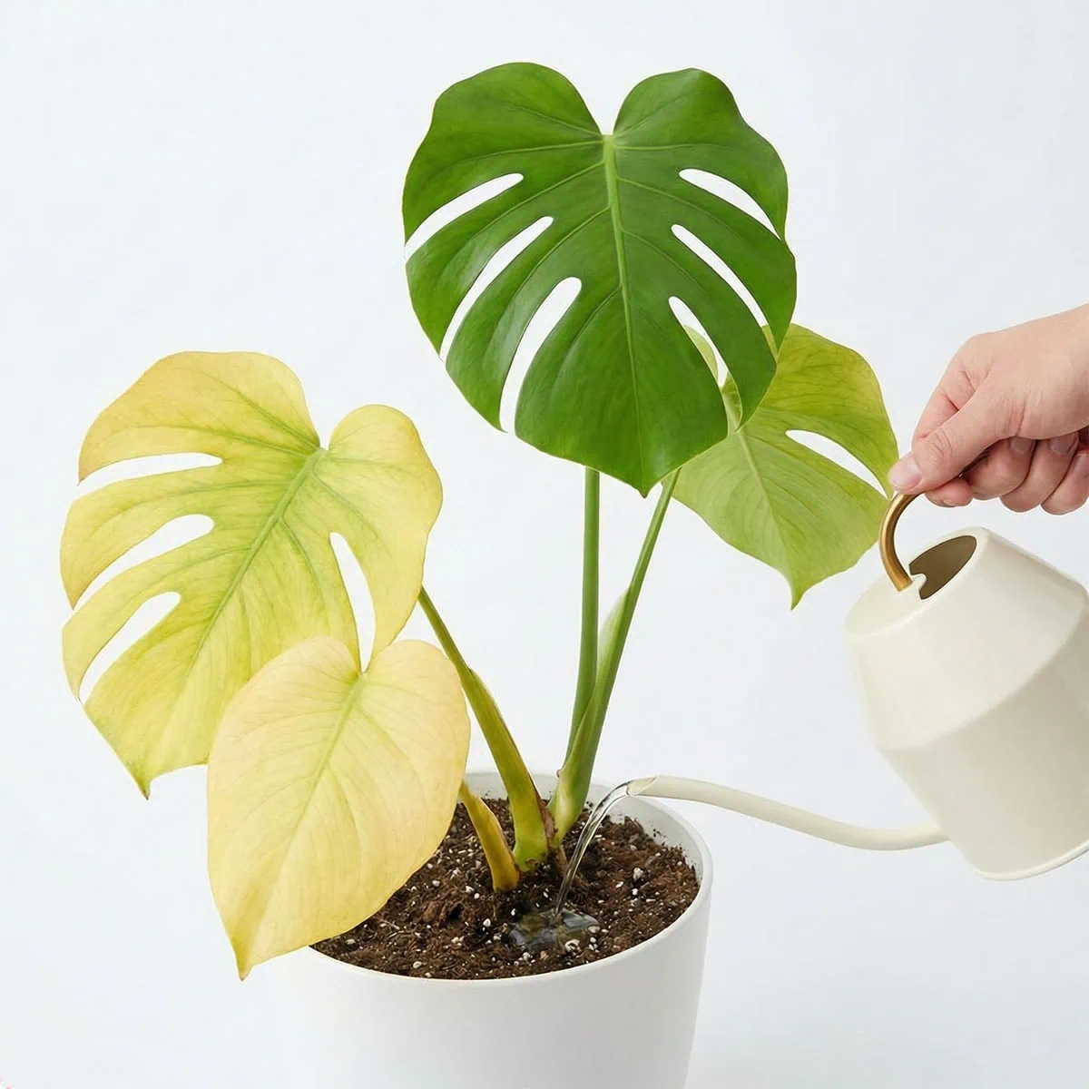 Pouring liquid fertilizer into soil addressing monstera nitrogen deficiency causing yellow lower leaves.