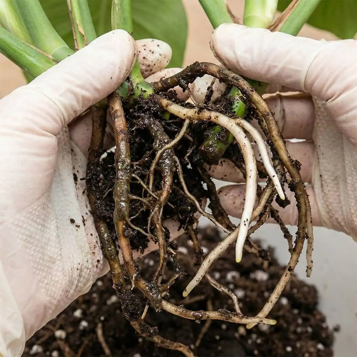 Gloved hands inspecting dark mushy roots indicating monstera root rot during manual fix.