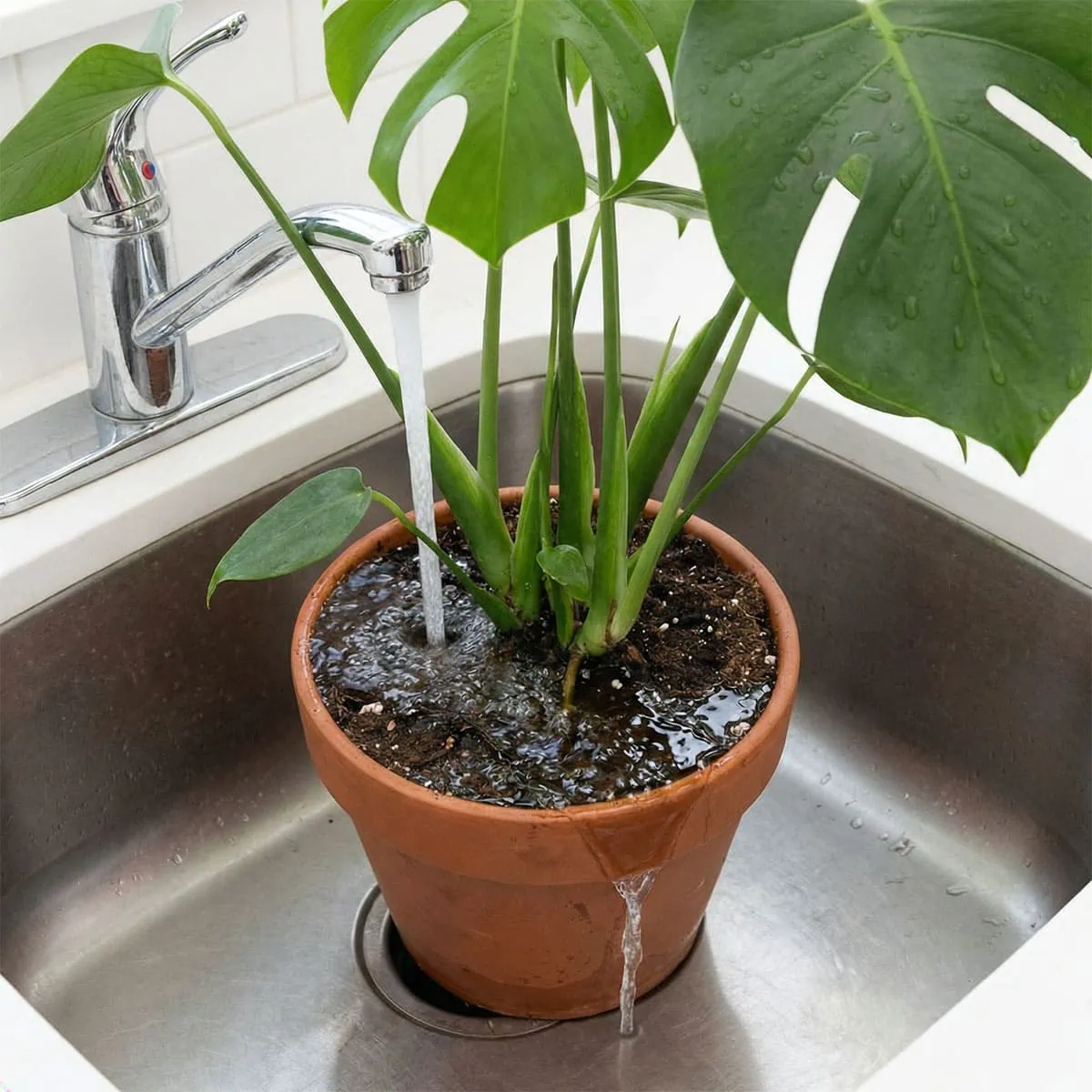 Sink water running through soil of overwatered monstera to leach out salt buildup.