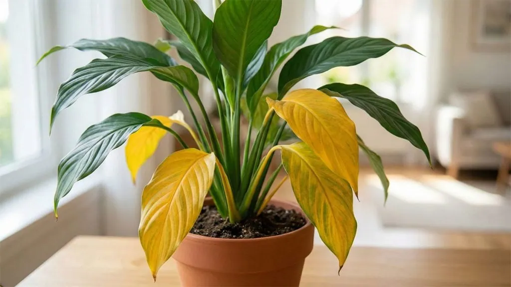 Potted peace lily plant indoors, featuring several large, lower peace lily yellow leaves among the green foliage.