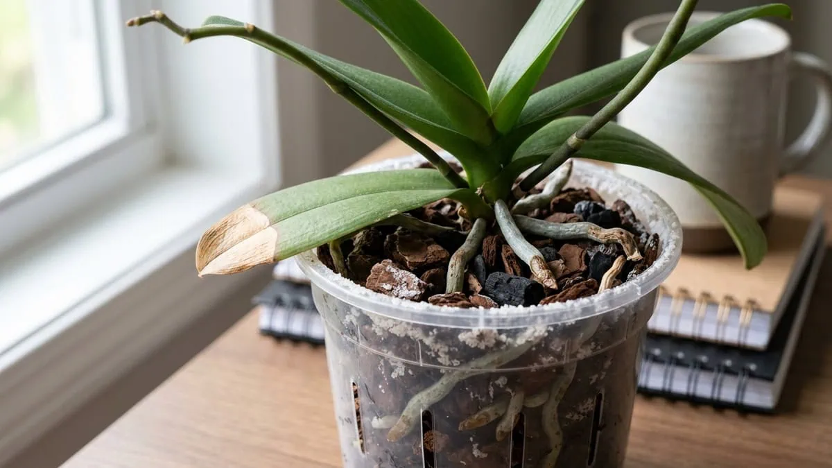 How to fertilize a Phalaenopsis orchid without fertilizer burn: a white salt crust on the bark and a scorched leaf tip.