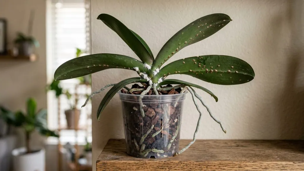 How to get rid of mealybugs and scale on Phalaenopsis orchids: cottony clusters on a moth orchid's leaf joints.