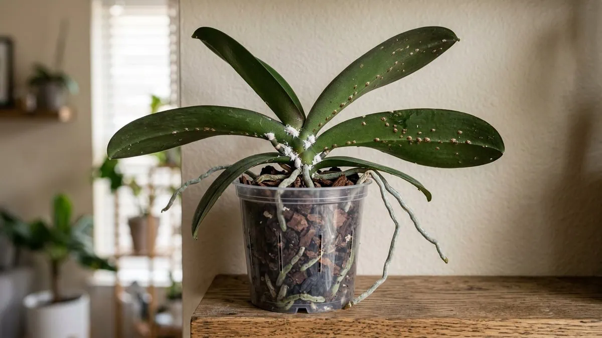 How to get rid of mealybugs and scale on Phalaenopsis orchids: cottony clusters on a moth orchid's leaf joints.