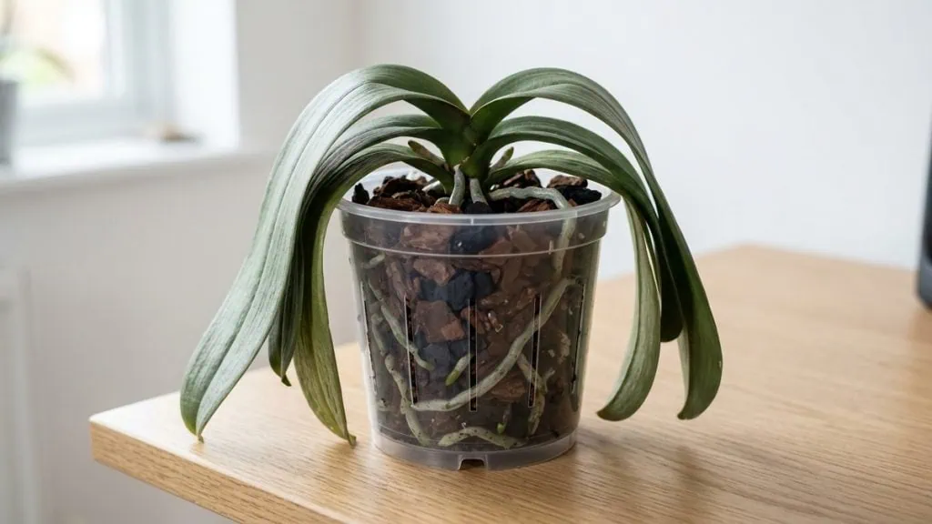 How to fix a Phalaenopsis orchid dying after repotting: limp leaves but firm silver velamen roots in a clear pot.