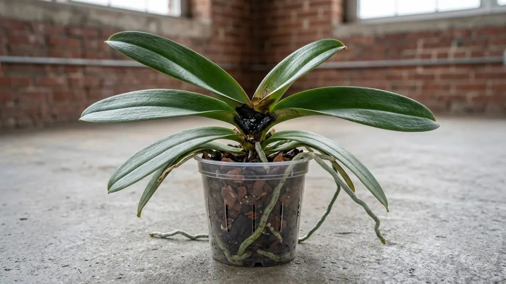How to fix Phalaenopsis orchid crown rot — a moth orchid showing a black, water-soaked rotted crown center in a clear pot.