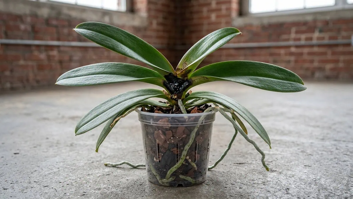 How to fix Phalaenopsis orchid crown rot — a moth orchid showing a black, water-soaked rotted crown center in a clear pot.
