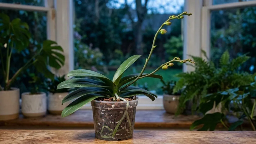 How to get a Phalaenopsis orchid to rebloom: a moth orchid pushing a new mitten-tipped flower spike in cool evening light.