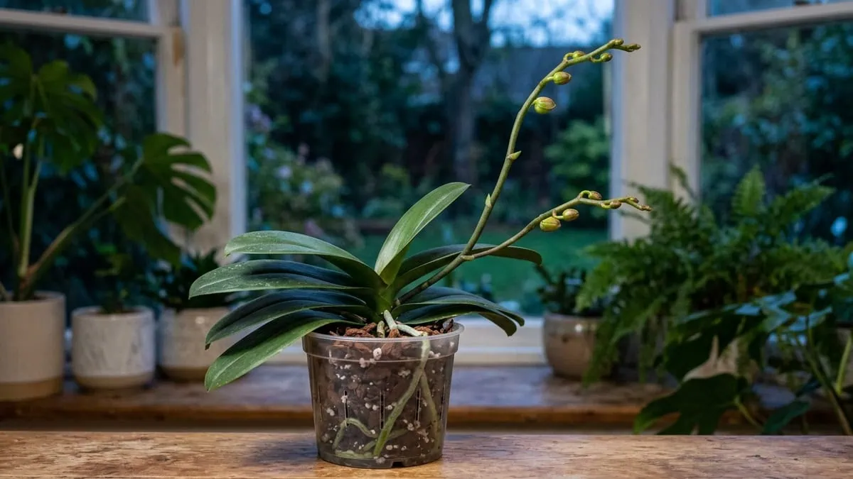 How to get a Phalaenopsis orchid to rebloom: a moth orchid pushing a new mitten-tipped flower spike in cool evening light.