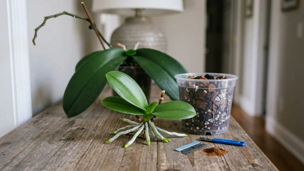How to propagate a Phalaenopsis orchid from a keiki: a separated baby plantlet beside its new bark-filled clear pot.