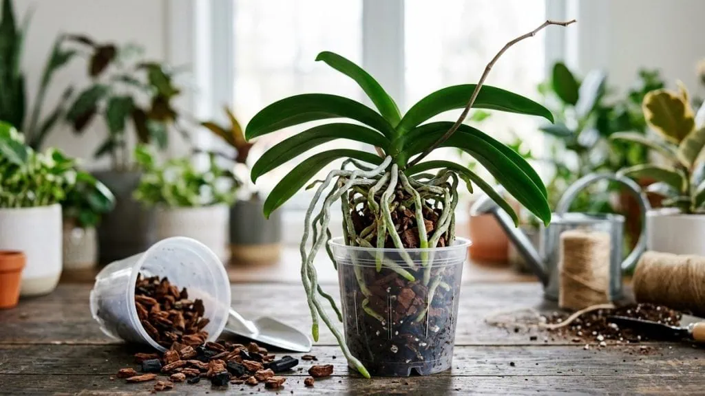 How to repot a Phalaenopsis orchid step by step: bare silver roots out of the old pot, over fresh bark in a clear pot.