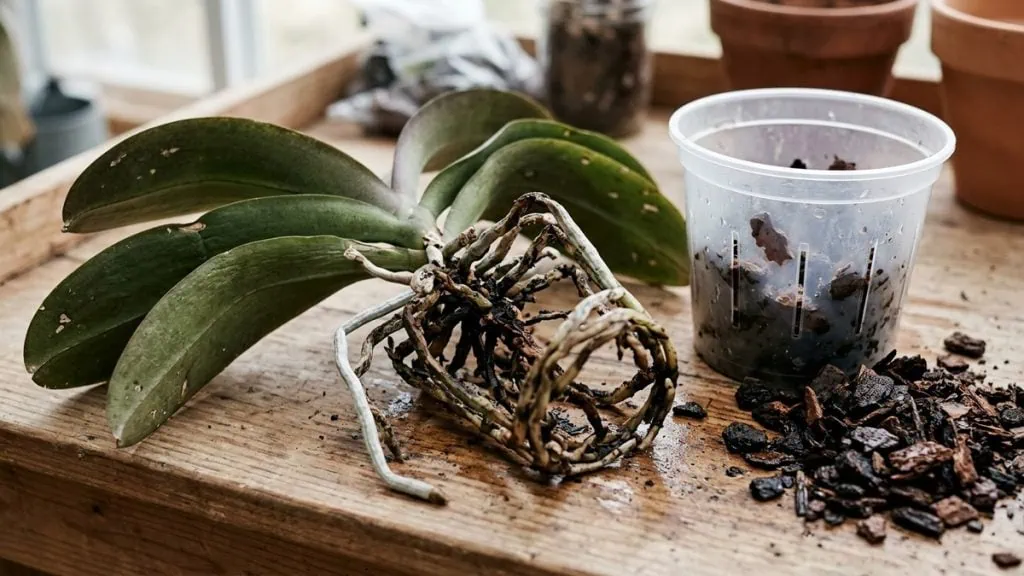 How to save a Phalaenopsis orchid with root rot: a whole moth orchid lifted to show its brown, mushy rotted root ball.