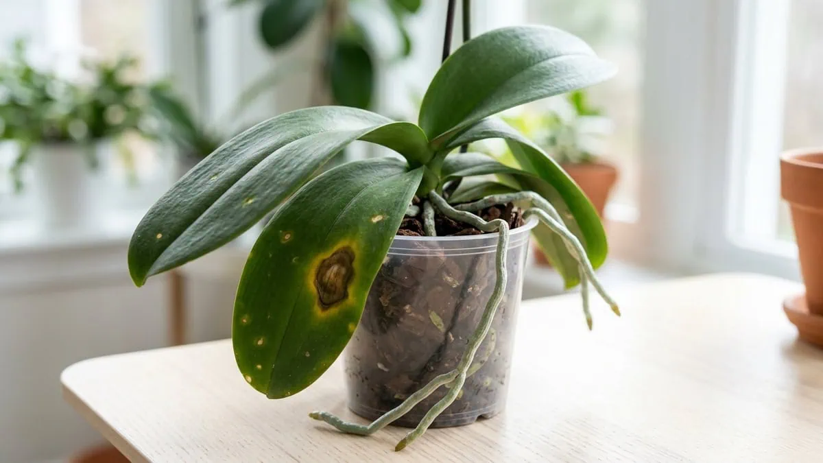 How to treat Phalaenopsis orchid leaf spot disease — a moth orchid leaf marked by a sunken, yellow-haloed brown lesion.
