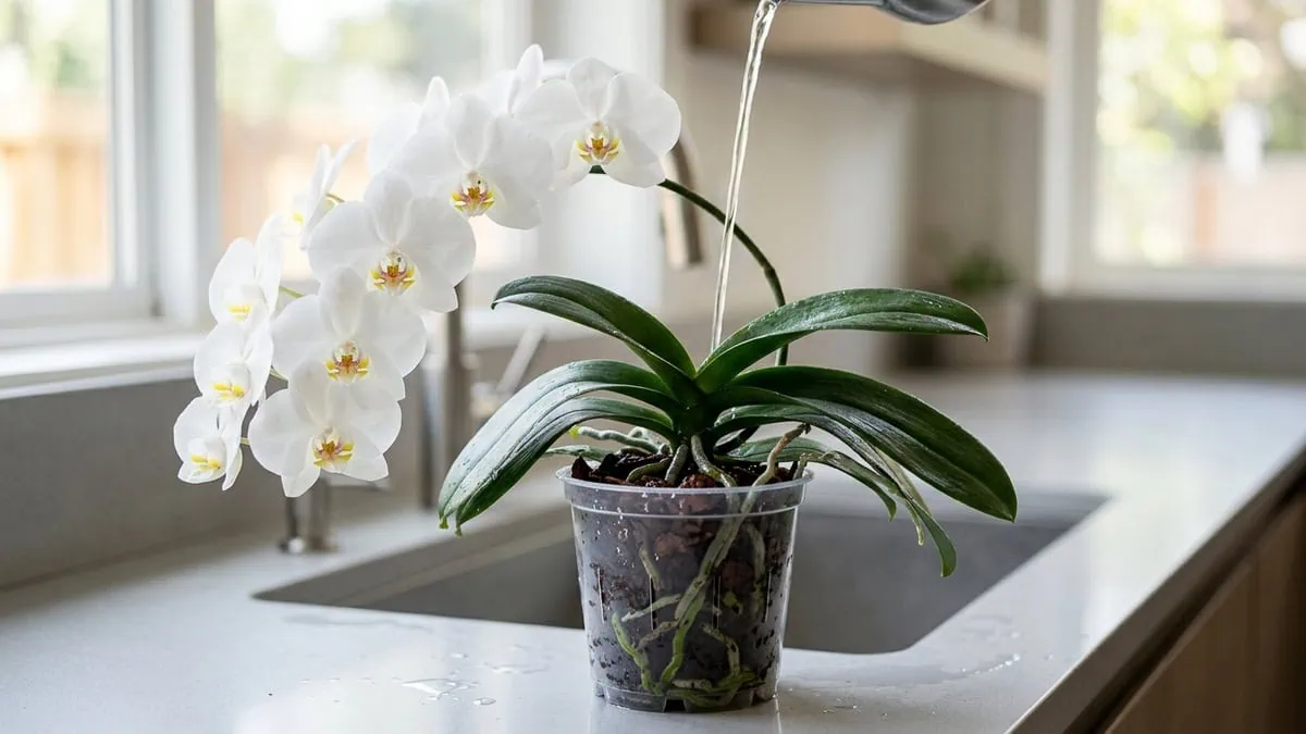 How to water a Phalaenopsis orchid without killing it: water poured into a clear-potted moth orchid draining in the sink.
