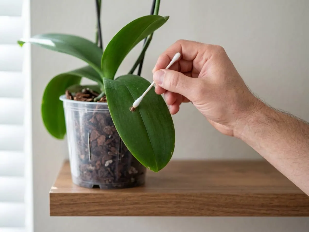 Close-up of a cotton swab dabbing rubbing alcohol onto a brown scale bump on a moth orchid leaf.
