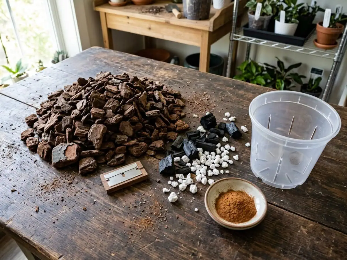 Close-up of medium-grade fir bark, horticultural charcoal, perlite, a sterile blade, and ground cinnamon for repotting.