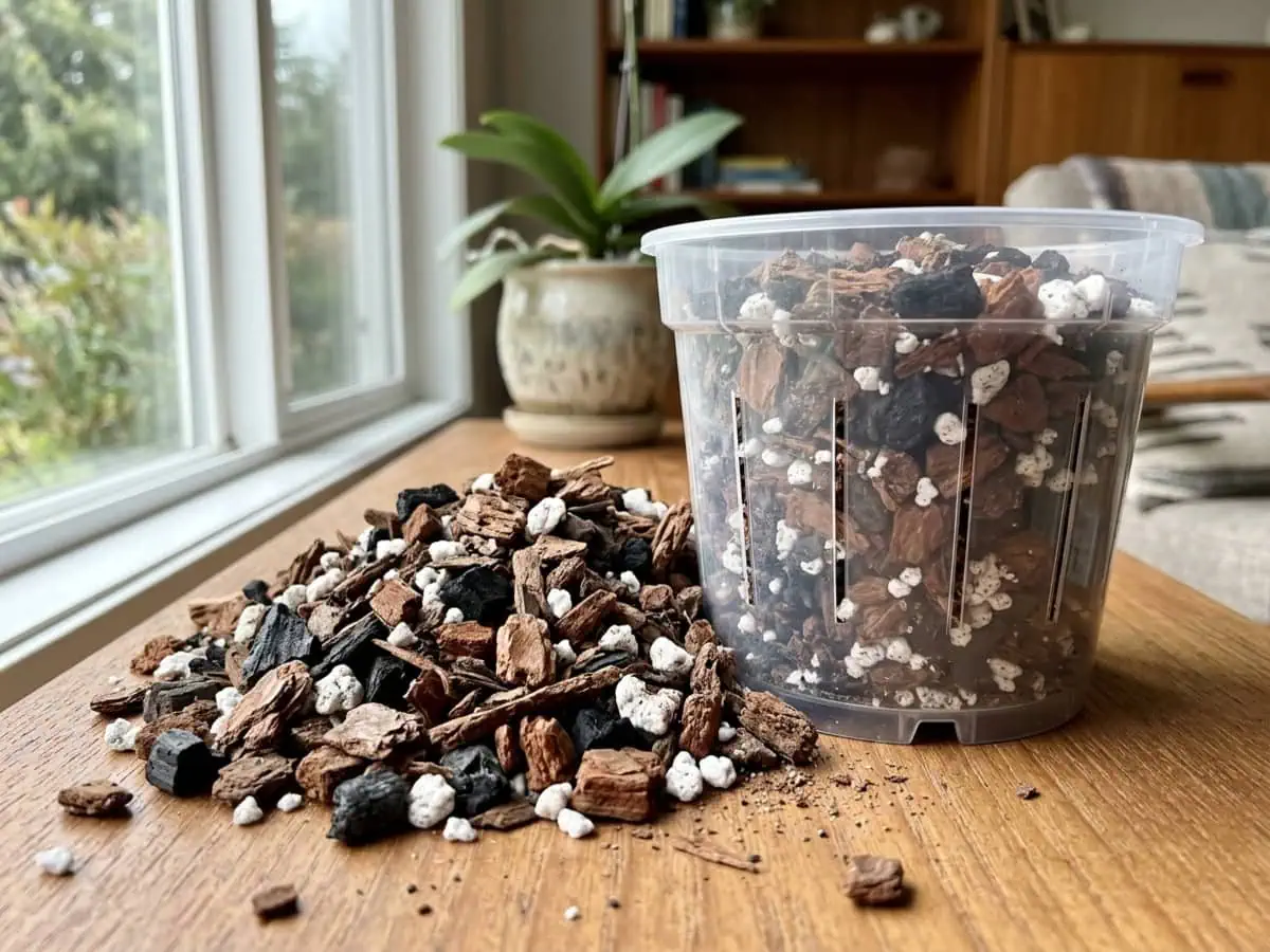 Macro view of a coarse orchid bark mix with charcoal and perlite, the chunky open potting medium for a moth orchid.