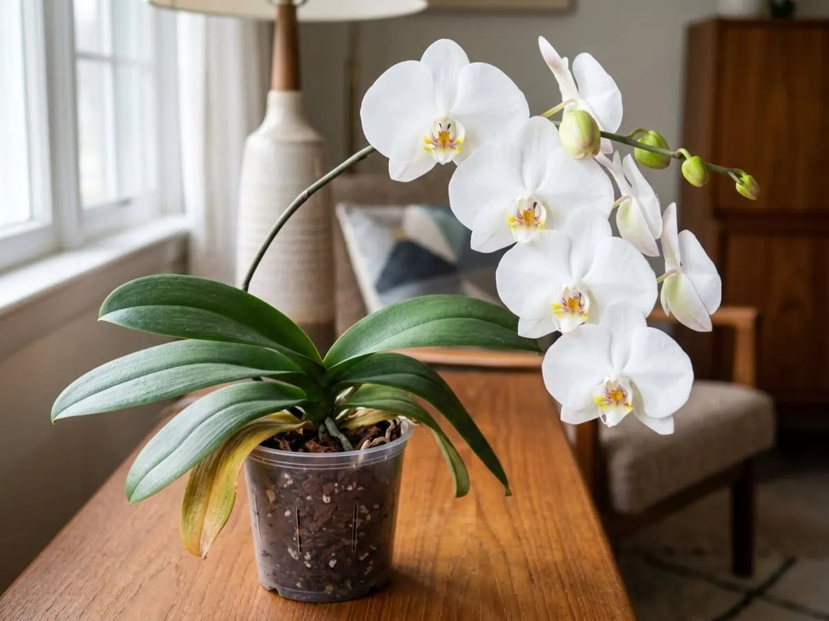 Macro view of a mature moth orchid in full bloom, one arching spike of flat moth-form flowers over a distichous leaf fan.