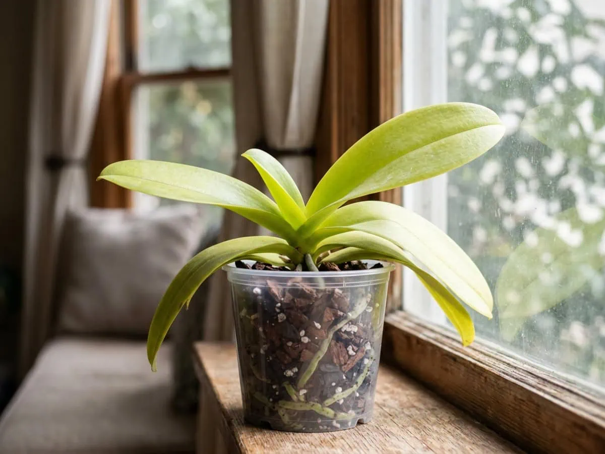 Close-up of a moth orchid's broad leaves in bright indirect light, the light yellow-green color that funds a rebloom spike.