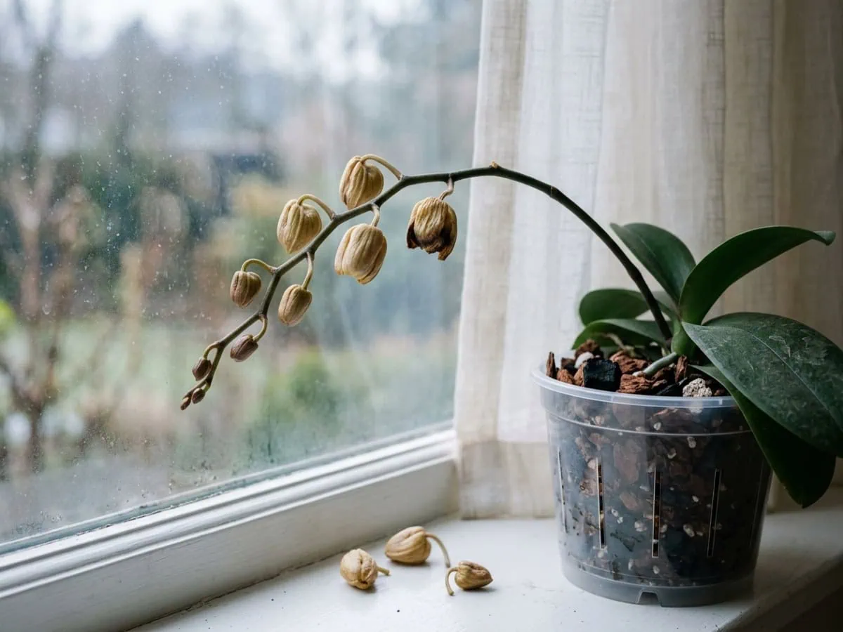 Bud-blast damage — a moth orchid spike of shrivelled buds at a cold windowpane, shed buds rolled loose on the sill.