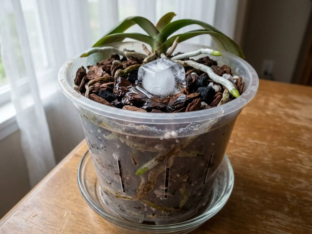 Close-up of a bud-drop myth — an ice cube melting on coarse bark mix in a clear plastic orchid pot, cold meltwater pooling.