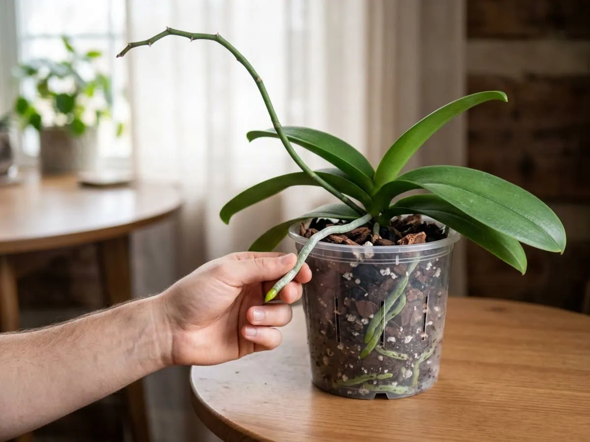 A bare hand checks the silvery-green roots of a recovering moth orchid after bud drop, its bare green spike resting.