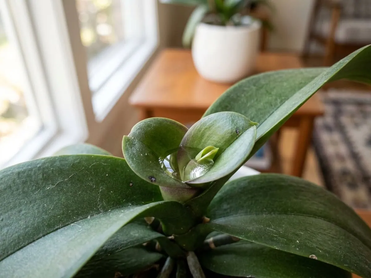 Macro view of water pooled in a moth orchid's central crown, where a new leaf unfurls — the crown rot risk to keep dry.