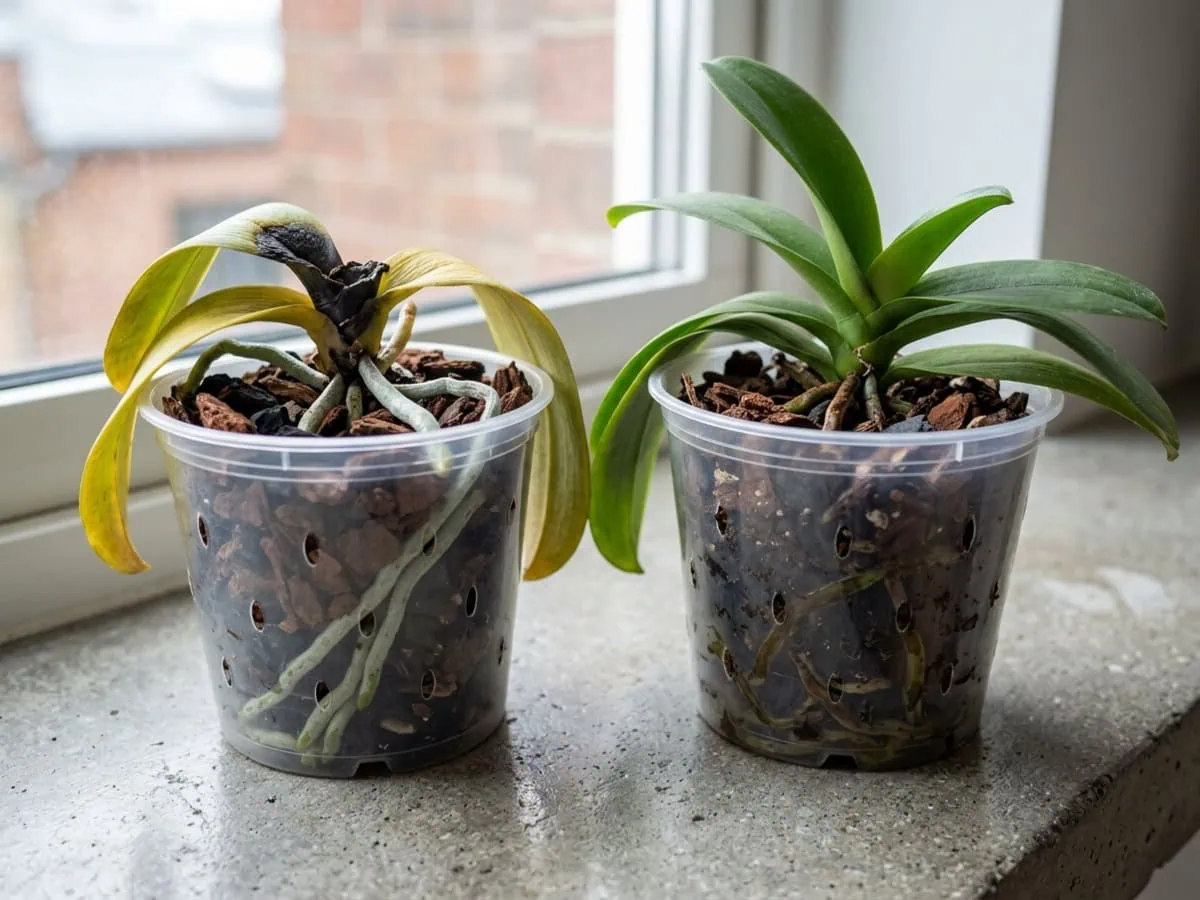 Macro comparison of crown rot versus root rot on Phalaenopsis moth orchids, a black crown beside mushy brown roots.