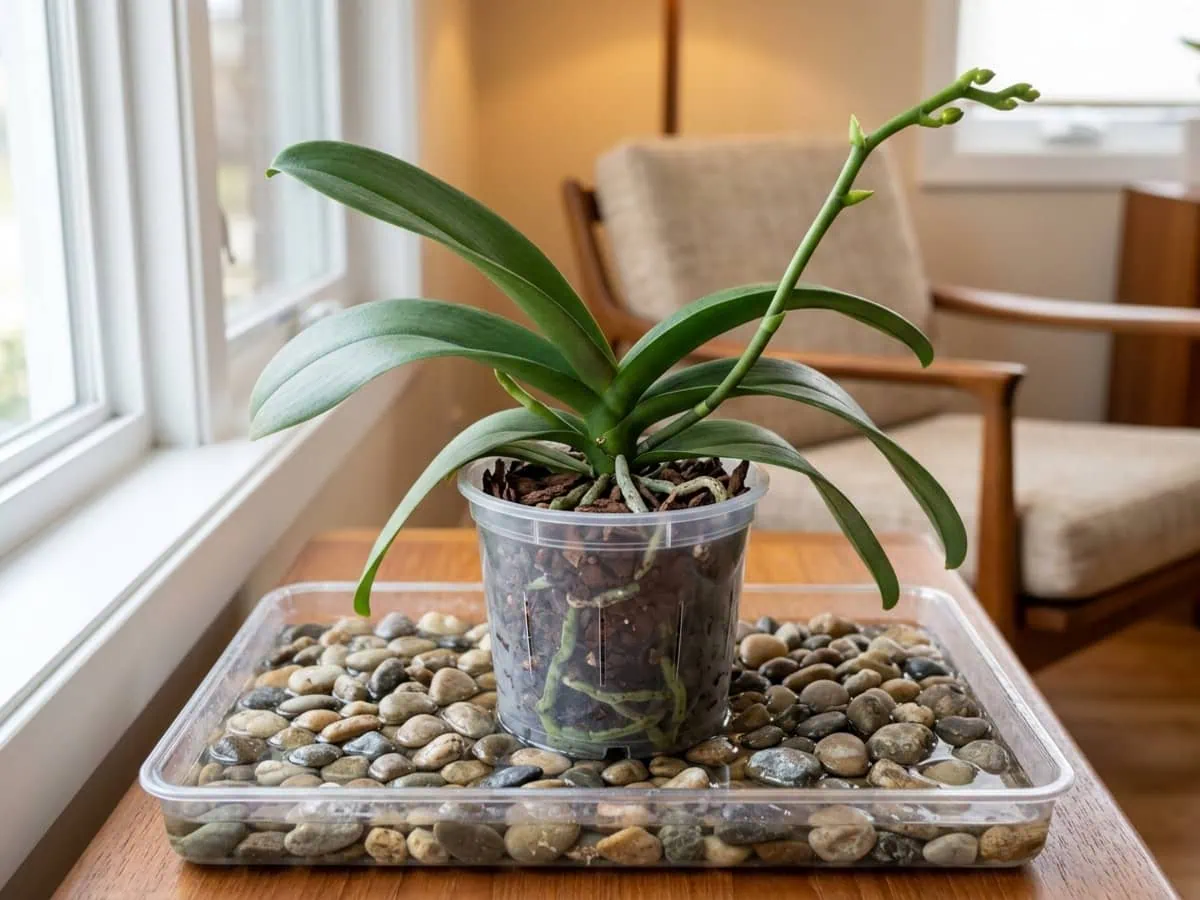 Close-up of a moth orchid on a pebble humidity tray, a green spike rising as indoor humidity holds near 50 percent.