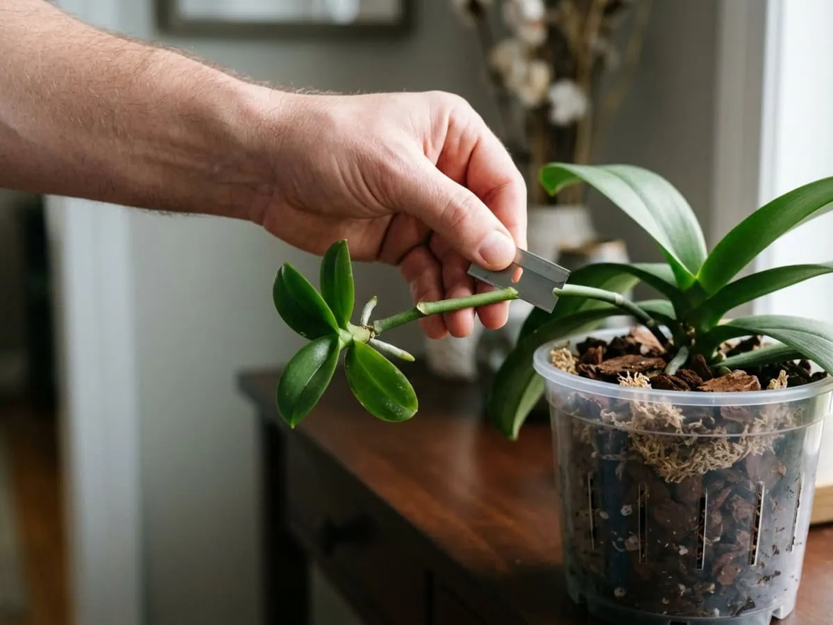 Cutting a moth orchid flower spike an inch below the keiki with a sterilized single-edge blade.