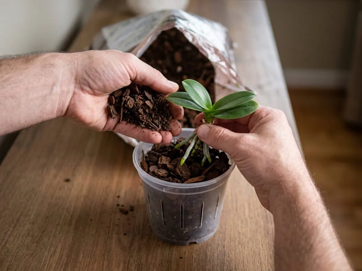 Potting a separated moth orchid keiki in fine fir bark in a small clear plastic pot.