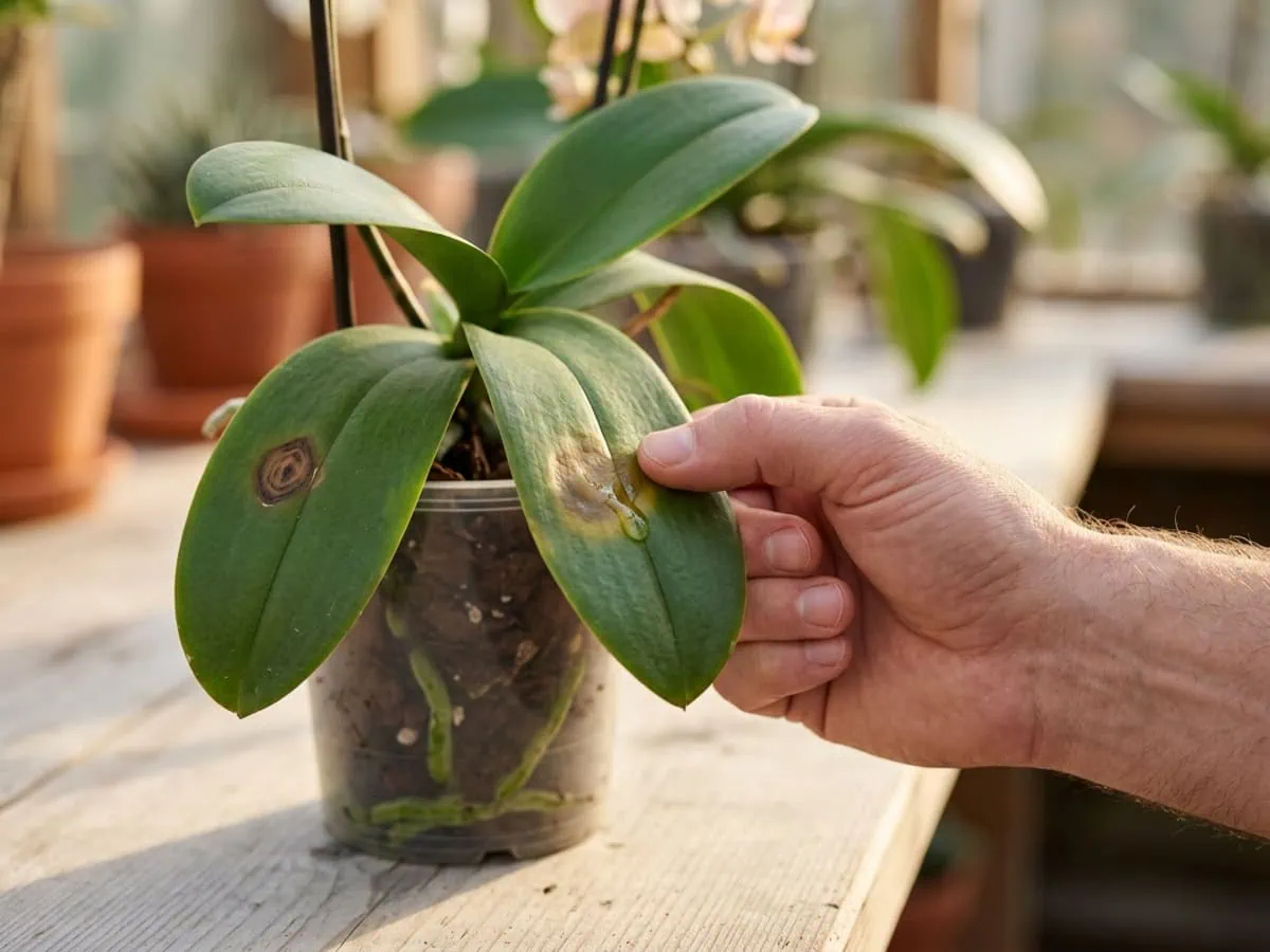 Close-up of a soft bacterial moth orchid leaf spot pinched between finger and thumb to bead clear ooze.