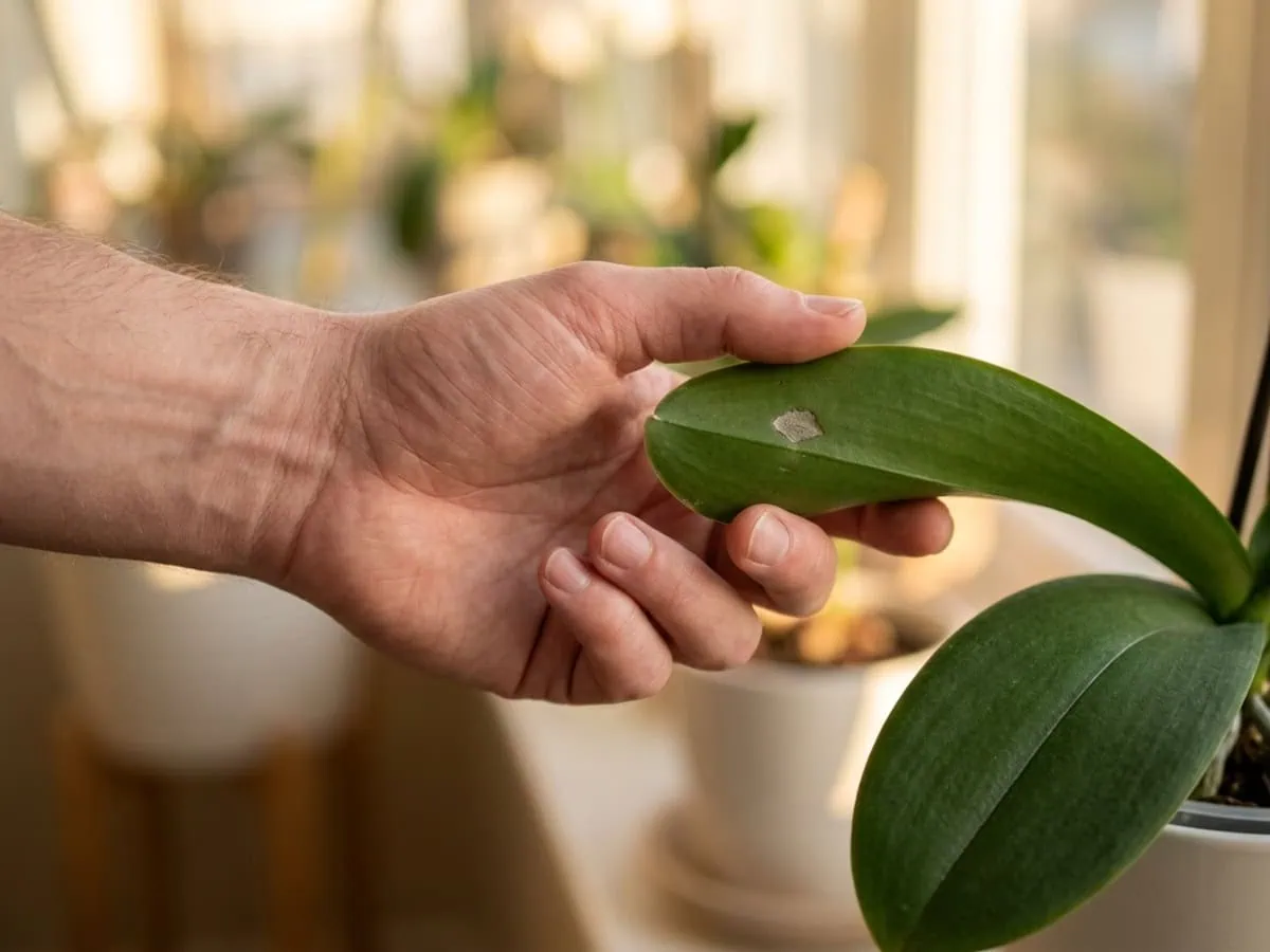 Close-up of a hand turning a moth orchid leaf to the light to judge one small dry leaf spot beside a clean leaf.
