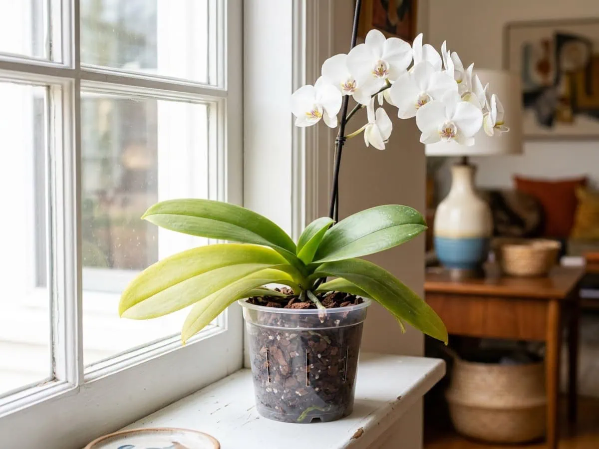 Close-up of a moth orchid on a sunlit windowsill in bright indirect light, its leaves a healthy light yellow-green.