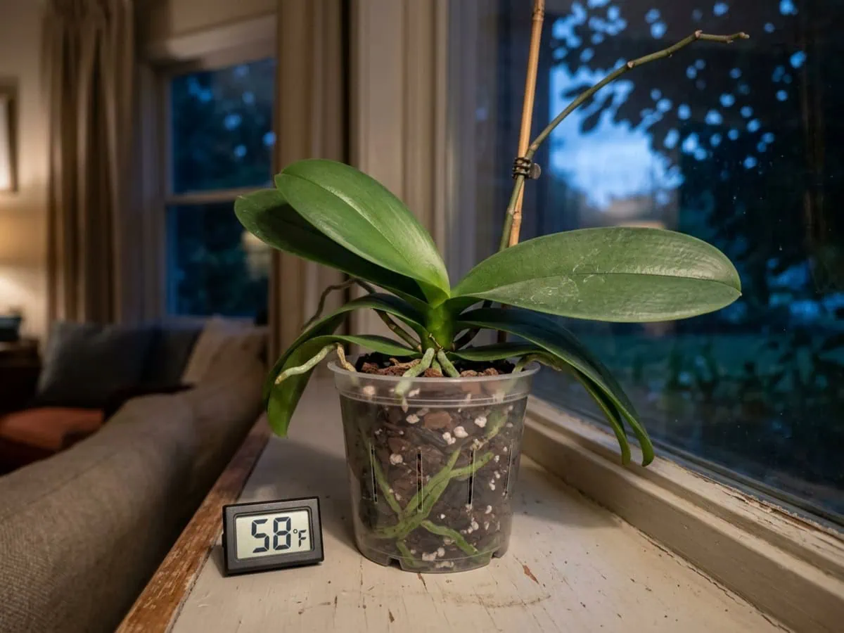 Close-up of a moth orchid at a cool window, a thermometer reading 58°F during the night-temperature drop.